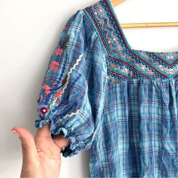 JOHNNY WAS Aimee Peasant Blue Multicolor Embroidery Puff Sleeves Top Shirt Sz M - Picture 11 of 16